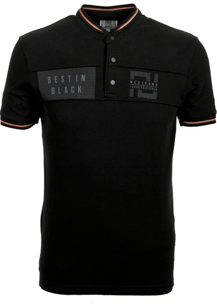 Erkek Siyah Slim Fit Hakim Yaka Ribanalı Baskılı %100 Pamuk T-Shirt Jeans 1975