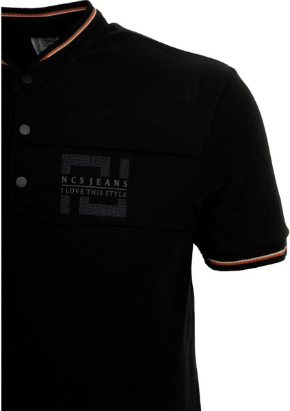 Erkek Siyah Slim Fit Hakim Yaka Ribanalı Baskılı %100 Pamuk T-Shirt Jeans 1975 fiyatları