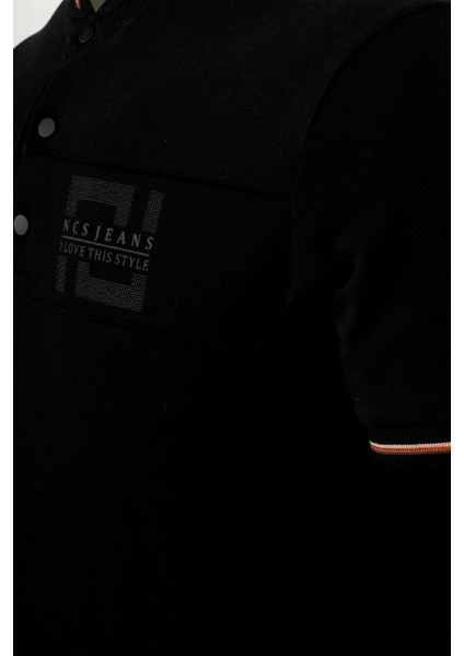 Erkek Siyah Slim Fit Hakim Yaka Ribanalı Baskılı %100 Pamuk T-Shirt Jeans 1975 fırsatları