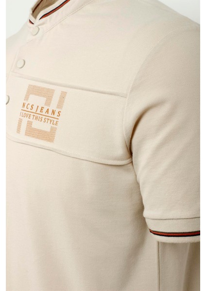 Erkek Taş Slim Fit Hakim Yaka Ribanalı Baskılı %100 Pamuk T-Shirt Jeans 1975 modelleri