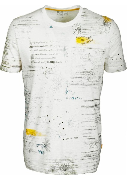 Erkek Beyaz Bisiklet Yaka Baskılı Slim Fit %100 Pamuk T-Shirt Jeans 1953