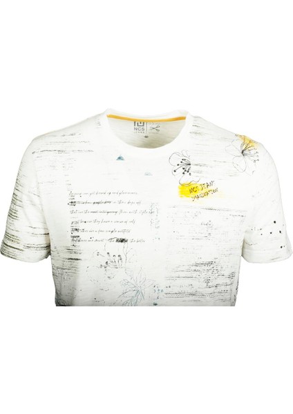 Erkek Beyaz Bisiklet Yaka Baskılı Slim Fit %100 Pamuk T-Shirt Jeans 1953 indirimleri