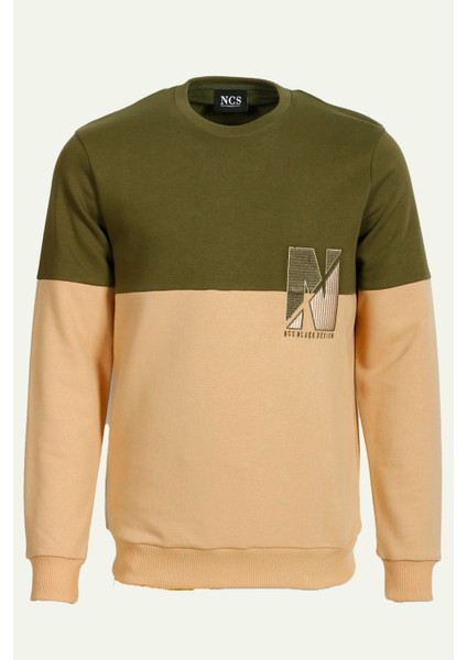 Haki Erkek Bisiklet Yaka Logo Nakışlı 3 Iplik Çift Renk Sweatshirt Ncs Jeans 1624