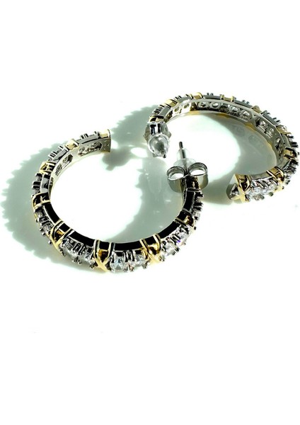 Gold Detaylı Halka Gümüş Kaplama Zirkon Çelik Kadın Küpe