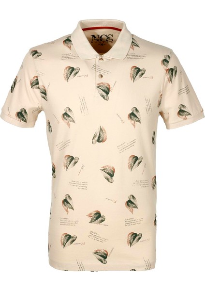 Erkek Bej Slim Fit Polo Yaka Baskılı Tshirt 1202