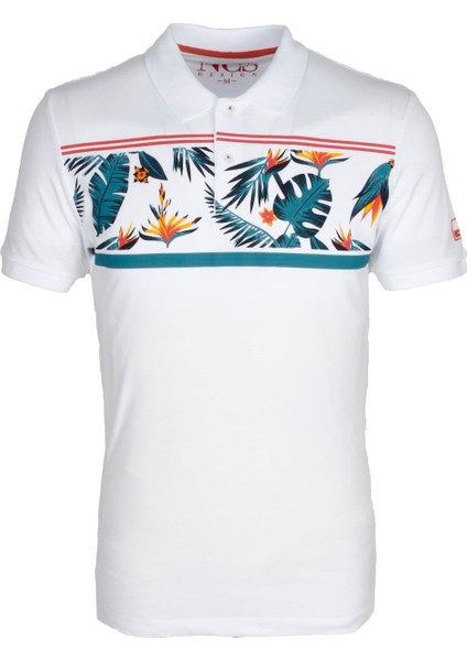 Erkek Beyaz Slim Fit Polo Yaka Baskılı Tshirt 1179