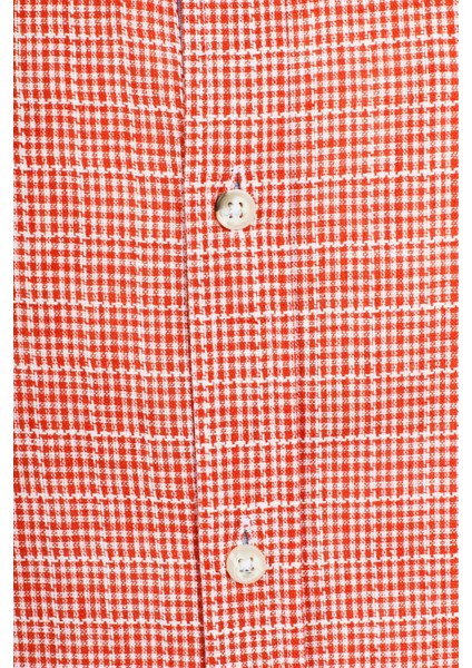 Erkek Kiremit Kısa Kol Yazlık Gömlek Ekoseli Slim Fit Düğme Yaka Pamuklu Ince Kumaş Jeans 7168
