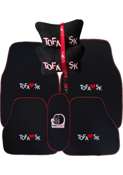 Tofaş 5 Parça Nakışlı Siyah Oto Halı Paspas / Tofaş Araç Seyahat Boyun Yastığı & Oto Ayna Askısı
