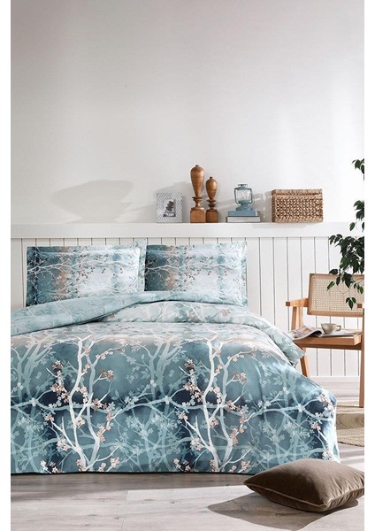 Klimop Turkuaz Ranforce Tek Kişilik Lastikli Fitted Çarşaf Nevresim Takımı