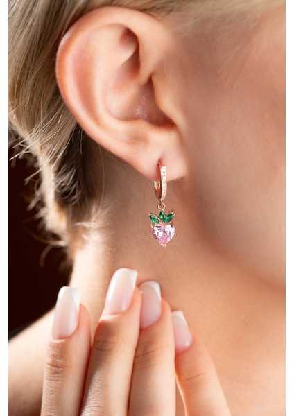 925 Ayar Gümüş Rose Kaplama Sallantılı Pembe Taşlı Çilek Küpe indirimleri