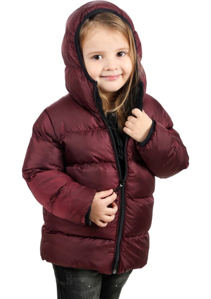Kız Çocuk Bordo İçi Polarlı Kapüşonlu Su Geçirmez Rüzgara Dayanıklı Şişme Kışlık Mont & Kaban