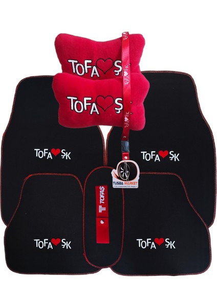 Tofaş 5 Parça Nakışlı Oto Halı Paspas / Tofaş Seyahat Boyun Yastığı & Ayna Askısı & Tampon Çeki Ipi