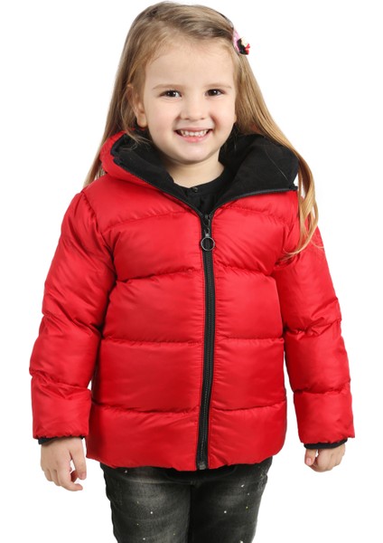 Kız Çocuk Kırmızı İçi Polarlı Kapüşonlu Su Geçirmez Rüzgara Dayanıklı Şişme Kışlık Mont & Kaban