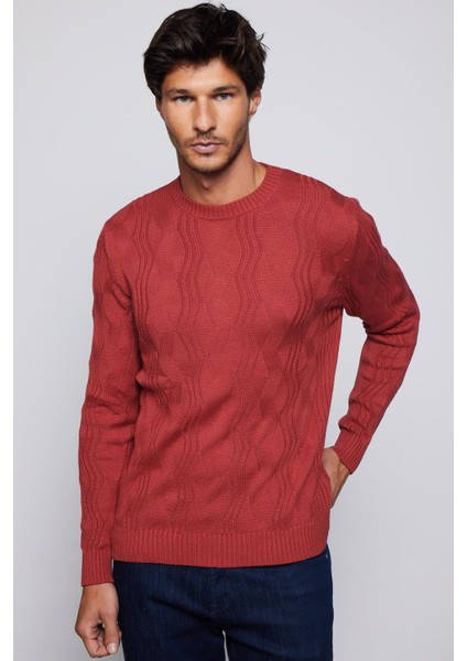 Slim Fit Bisiklet Yaka Desenli Erkek Kırmızı Kazak