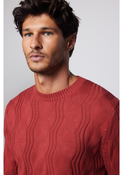 Slim Fit Bisiklet Yaka Desenli Erkek Kırmızı Kazak fiyatları