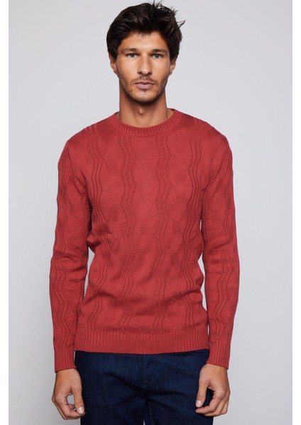 Slim Fit Bisiklet Yaka Desenli Erkek Kırmızı Kazak modelleri