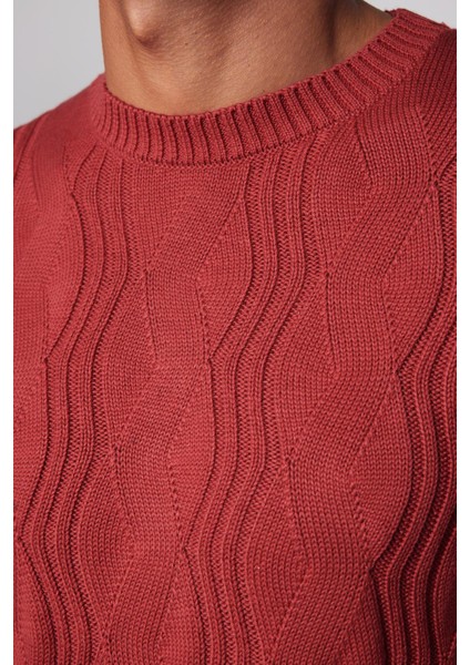 Slim Fit Bisiklet Yaka Desenli Erkek Kırmızı Kazak fırsatları