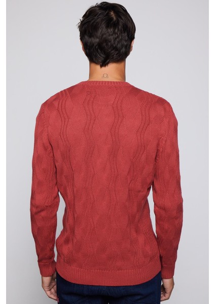 Slim Fit Bisiklet Yaka Desenli Erkek Kırmızı Kazak indirimleri