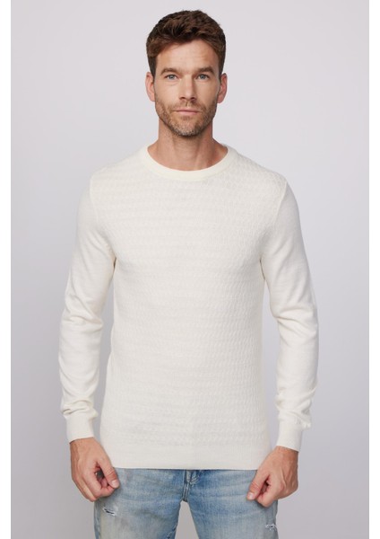 Slim Fit Bisiklet Yaka Kendinden Desenli Ekru Erkek Kazak modelleri