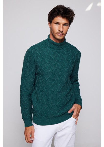 Slim Fit Dar Kesim Tam Balıkçı Yaka Desenli Yeşil Erkek Kazak