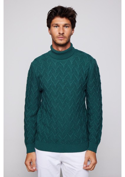 Slim Fit Dar Kesim Tam Balıkçı Yaka Desenli Yeşil Erkek Kazak modelleri