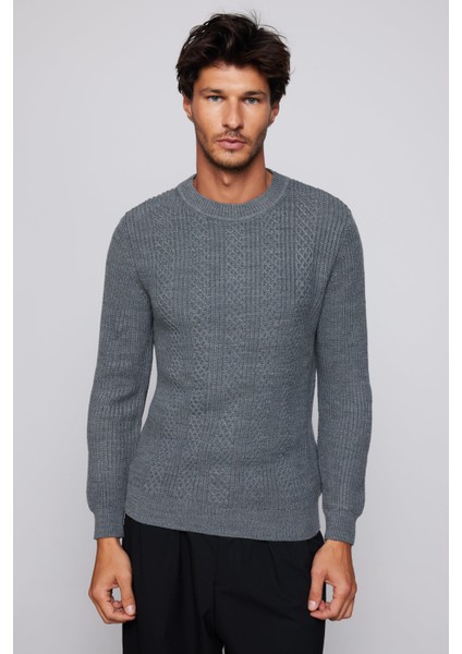 Erkek Slim Fit Bisiklet Yaka Desenli Gri Kazak