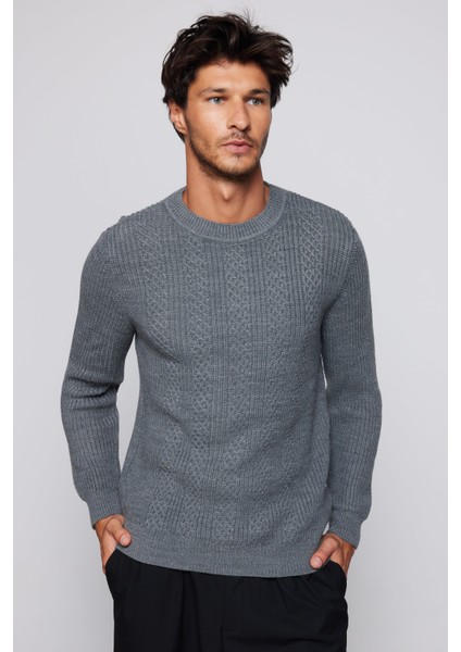 Erkek Slim Fit Bisiklet Yaka Desenli Gri Kazak modelleri