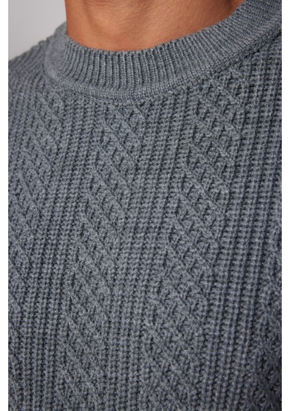 Erkek Slim Fit Bisiklet Yaka Desenli Gri Kazak fırsatları