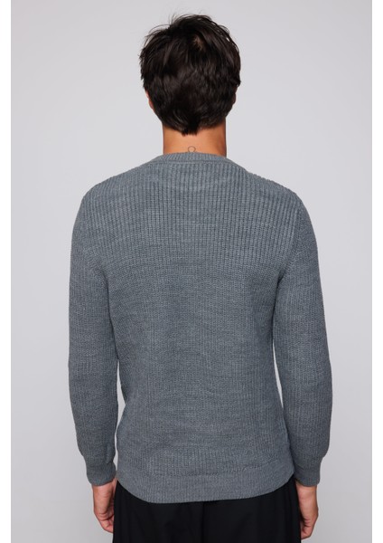 Erkek Slim Fit Bisiklet Yaka Desenli Gri Kazak indirimleri