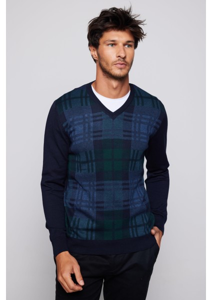 Slim Fit V Yaka Kareli Lacivert Erkek Kazak