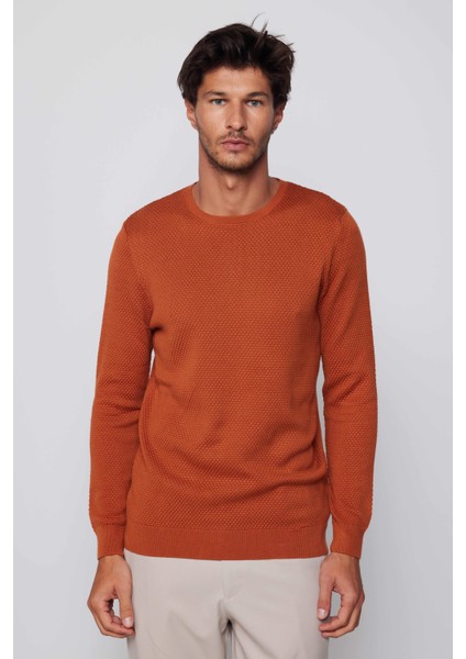 Slim Fit Bisiklet Yaka Petek Desenli Tarçın Erkek Kazak modelleri
