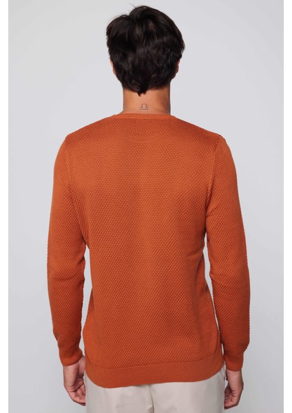 Slim Fit Bisiklet Yaka Petek Desenli Tarçın Erkek Kazak indirimleri