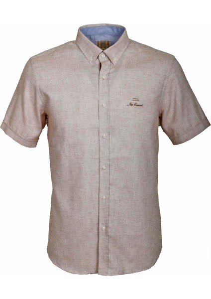 Erkek Bej Kısa Kol Yazlık Gömlek Slim Fit Düğme Yaka Pamuklu Ince Kumaş Jeans 7174 Shirt
