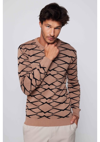Slim Fit Dar Kesim Bisiklet Yaka Jakarlı Vizon-Siyah Erkek Kazak