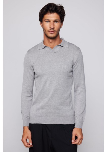 Slim Fit Dar Kesim Polo V Yaka Erkek Gri Kazak fiyatları