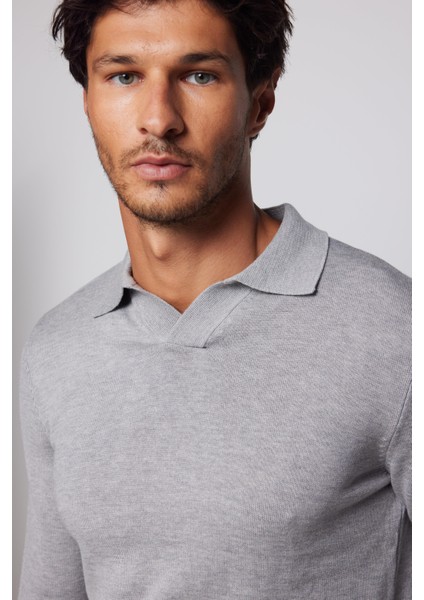 Slim Fit Dar Kesim Polo V Yaka Erkek Gri Kazak modelleri