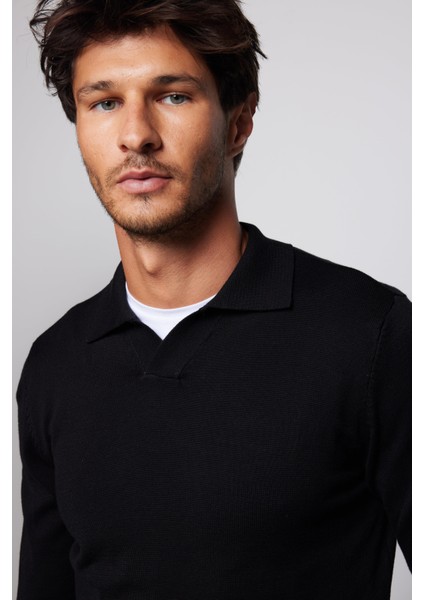 Slim Fit Dar Kesim Polo V Yaka Siyah Erkek Kazak