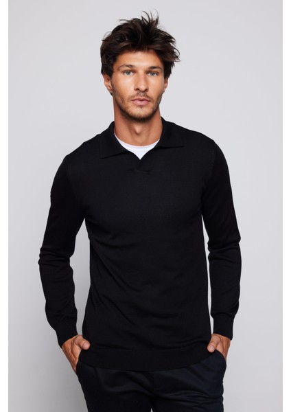 Slim Fit Dar Kesim Polo V Yaka Siyah Erkek Kazak fiyatları