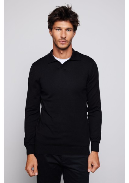 Slim Fit Dar Kesim Polo V Yaka Siyah Erkek Kazak modelleri