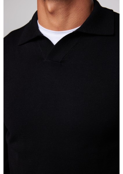 Slim Fit Dar Kesim Polo V Yaka Siyah Erkek Kazak fırsatları