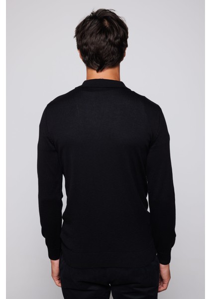 Slim Fit Dar Kesim Polo V Yaka Siyah Erkek Kazak indirimleri