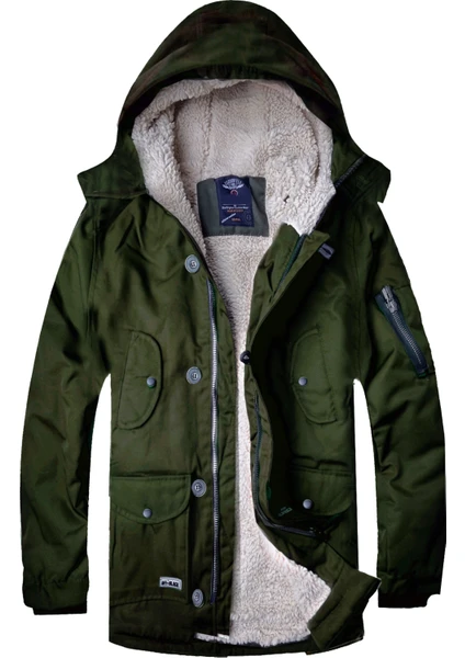 Alaska The Last Frontier Alaska Slim Fit Su ve Soğuğa Dayanıklı  Kapüşonlu Kısa Parka Kaban--Haki--