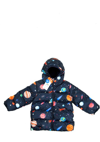 Kız Çocuk İçi Polarlı Kapüşonlu Gezegen Yıldız Desenli Kışlık Şişme Mont & Kaban & Parka