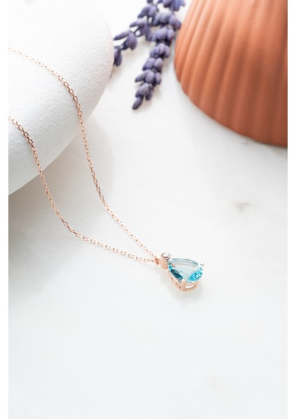 925 Ayar Gümüş Rose Aquamarin Damla Tektaş Kolye modelleri