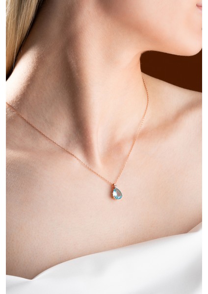 925 Ayar Gümüş Rose Aquamarin Damla Tektaş Kolye fırsatları