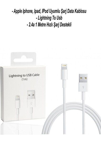 Apple Iphone, Ipad Uyumlu 2.4A Hızlı Şarj Destekli 1m Yüksek Kalite Kutulu Lightning To USB Kablo