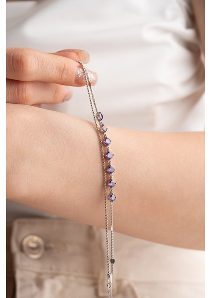 925 Ayar Gümüş Rodyum Kaplama Mor Zirkon Taşlı Çift Sıra Italyan Zincirli Bileklik