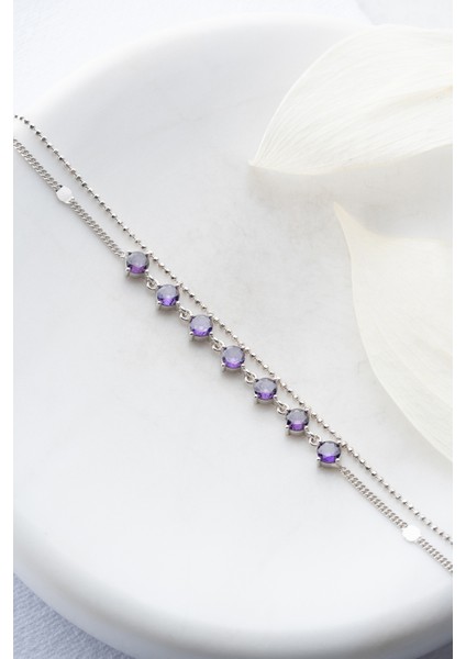 925 Ayar Gümüş Rodyum Kaplama Mor Zirkon Taşlı Çift Sıra Italyan Zincirli Bileklik fiyatları