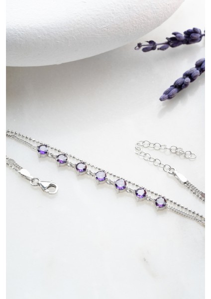 925 Ayar Gümüş Rodyum Kaplama Mor Zirkon Taşlı Çift Sıra Italyan Zincirli Bileklik modelleri