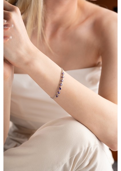 925 Ayar Gümüş Rodyum Kaplama Mor Zirkon Taşlı Çift Sıra Italyan Zincirli Bileklik fırsatları